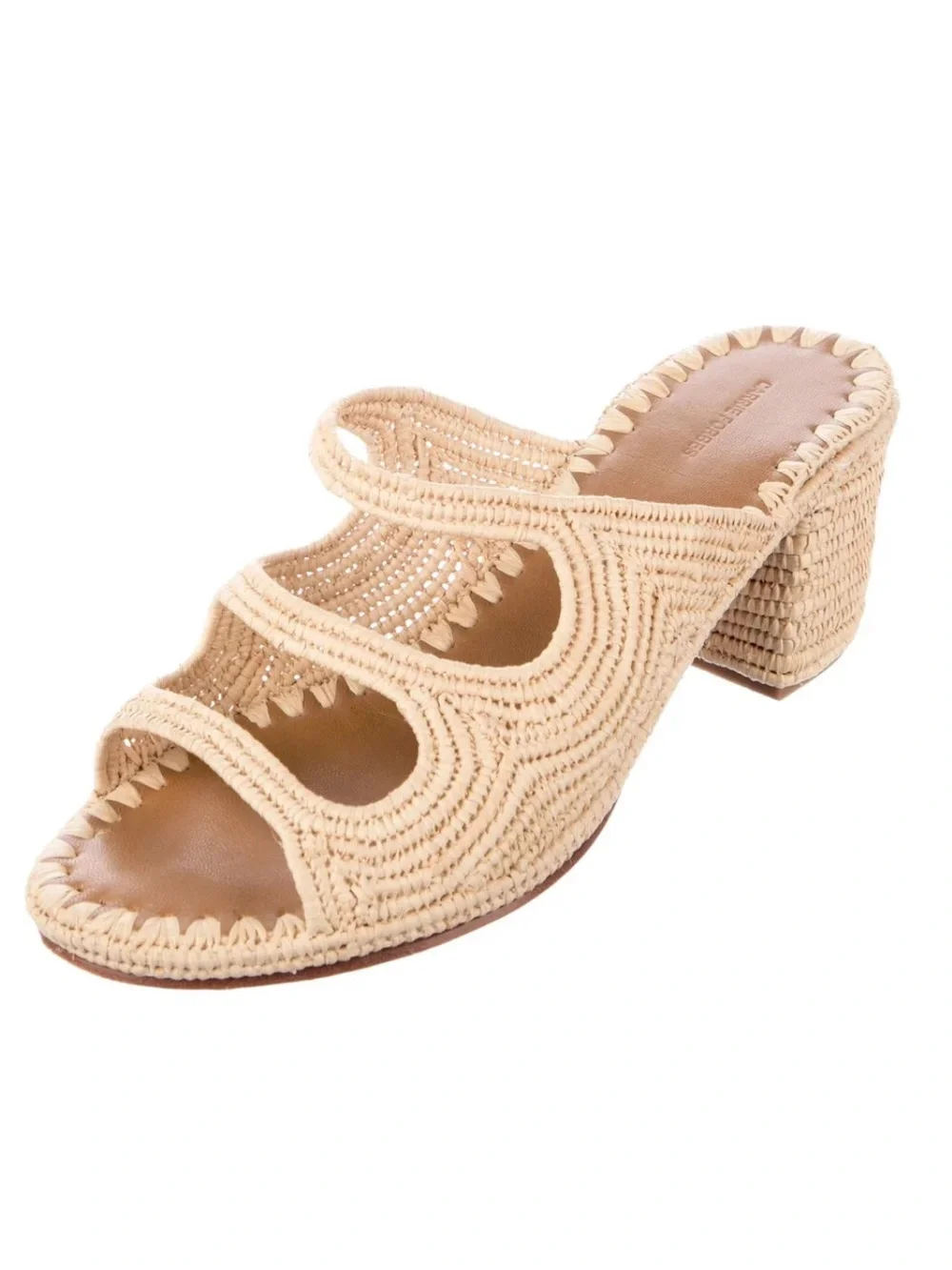 Woven Three-Strap Slide Block Heel Sandals in Natural Beige